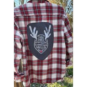 Christmas Reindeer Upcycled Flannel Red Plaid Button Up Shirt Size Large SOFT